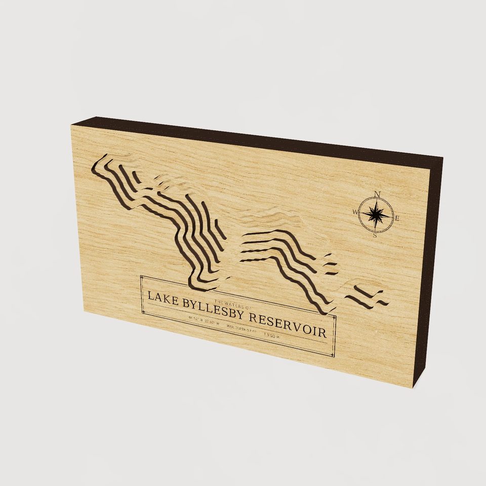 Lake Byllesby Reservoir 3D wood map, hero view
