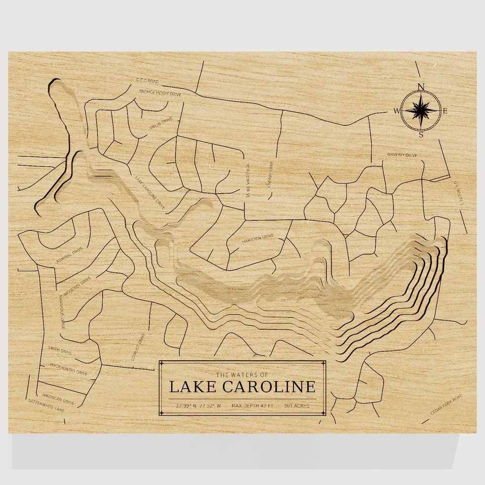 Lake Caroline 3D wood map, front view