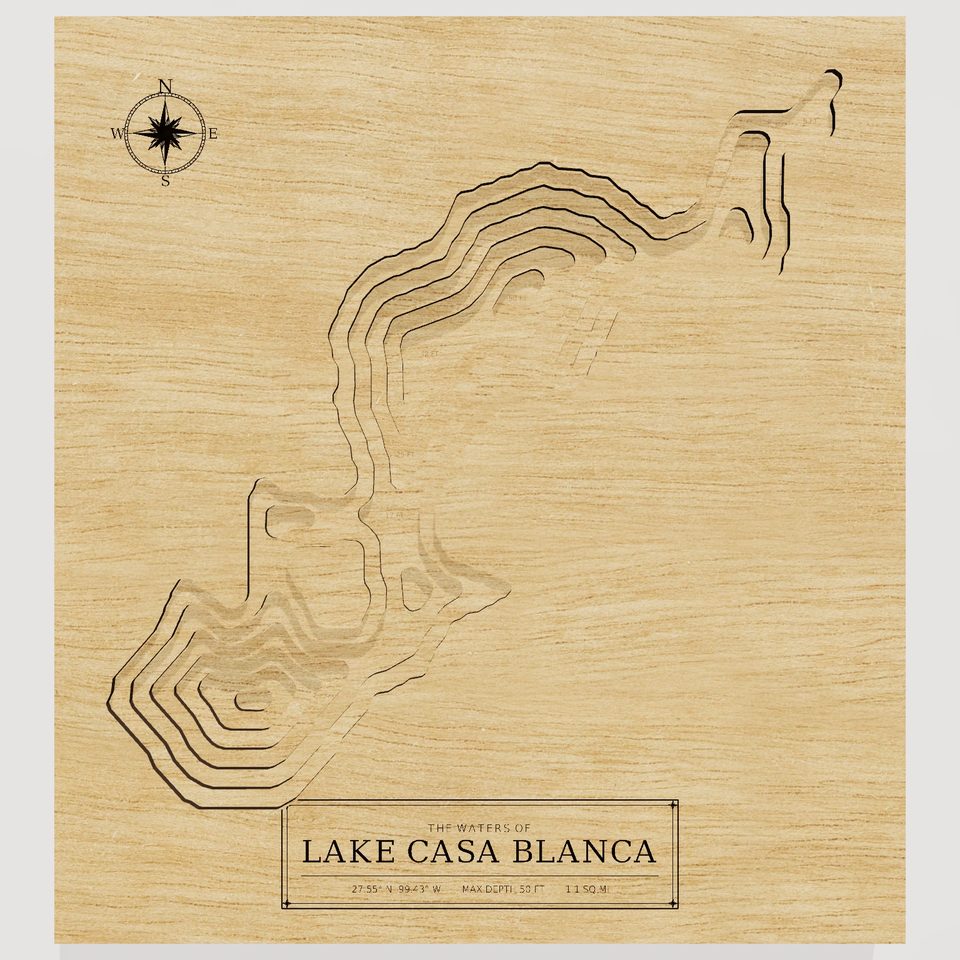 Lake Casa Blanca 3D wood map, front view