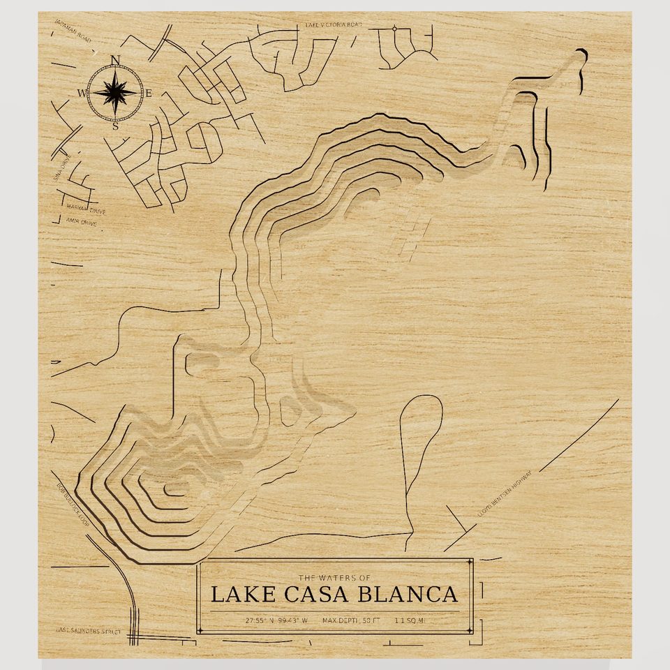 Lake Casa Blanca 3D wood map, front view