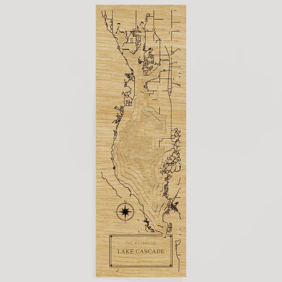 Lake Cascade 3D wood map, front view