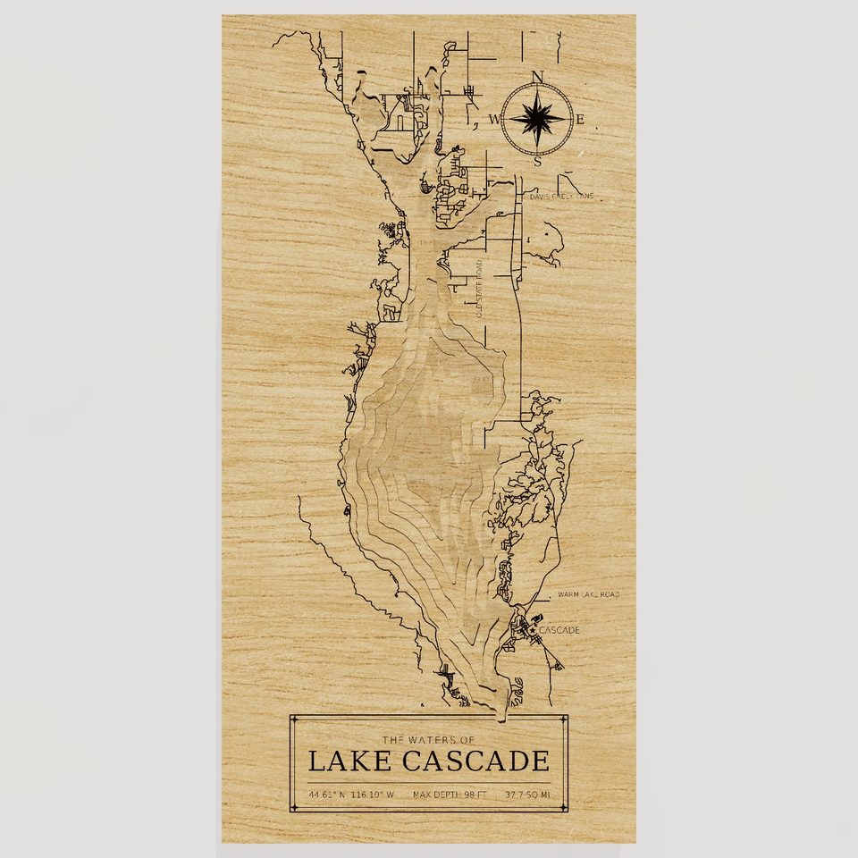 Lake Cascade 3D wood map, front view