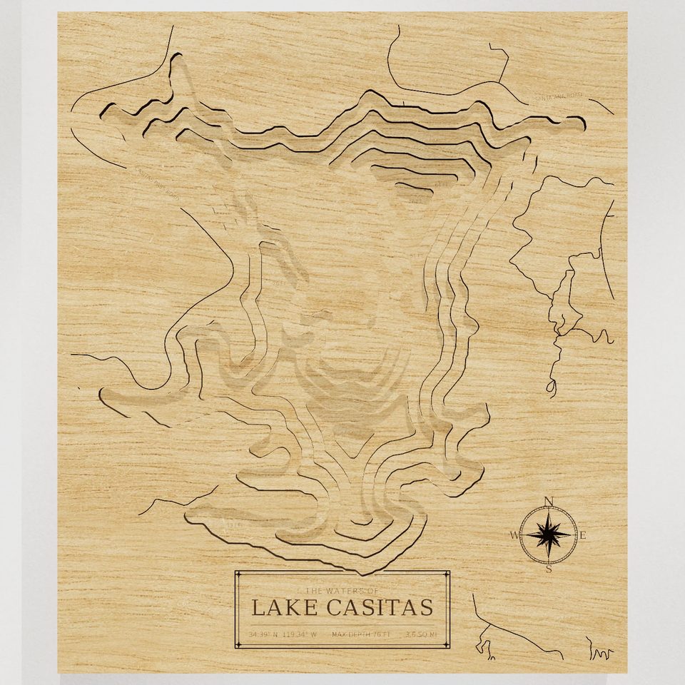 Lake Casitas 3D wood map, front view