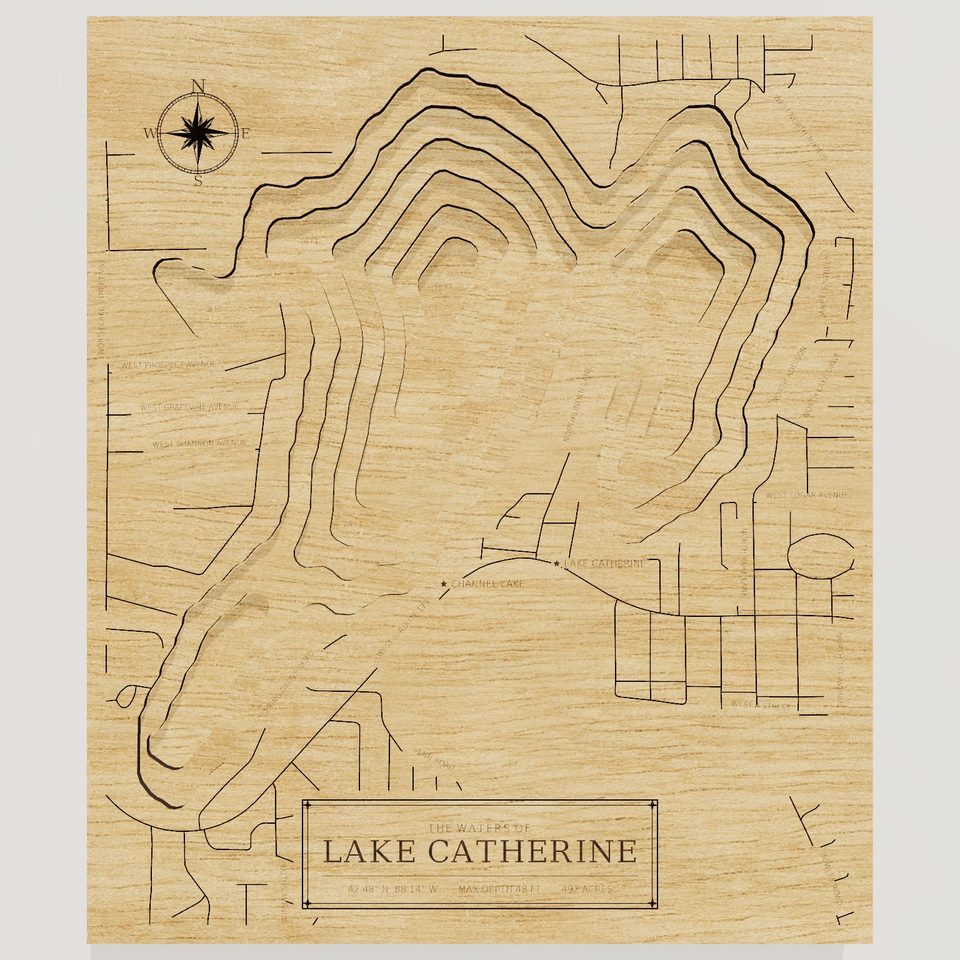 Lake Catherine 3D wood map, front view