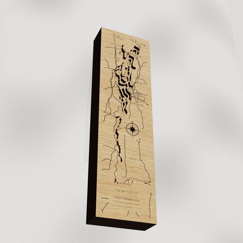 Lake Champlain 3D wood map, angle low view