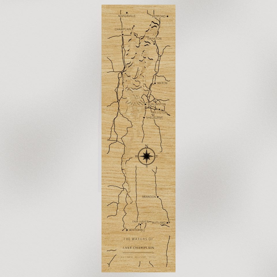 Lake Champlain 3D wood map, front view