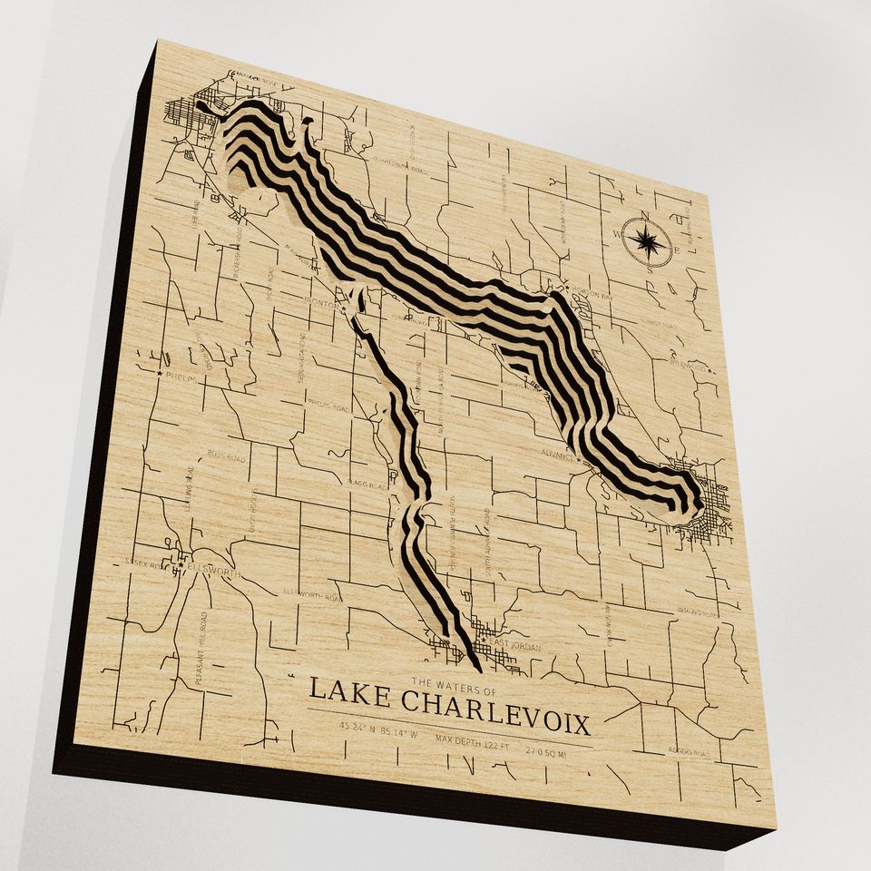 Lake Charlevoix 3D wood map, angle low view