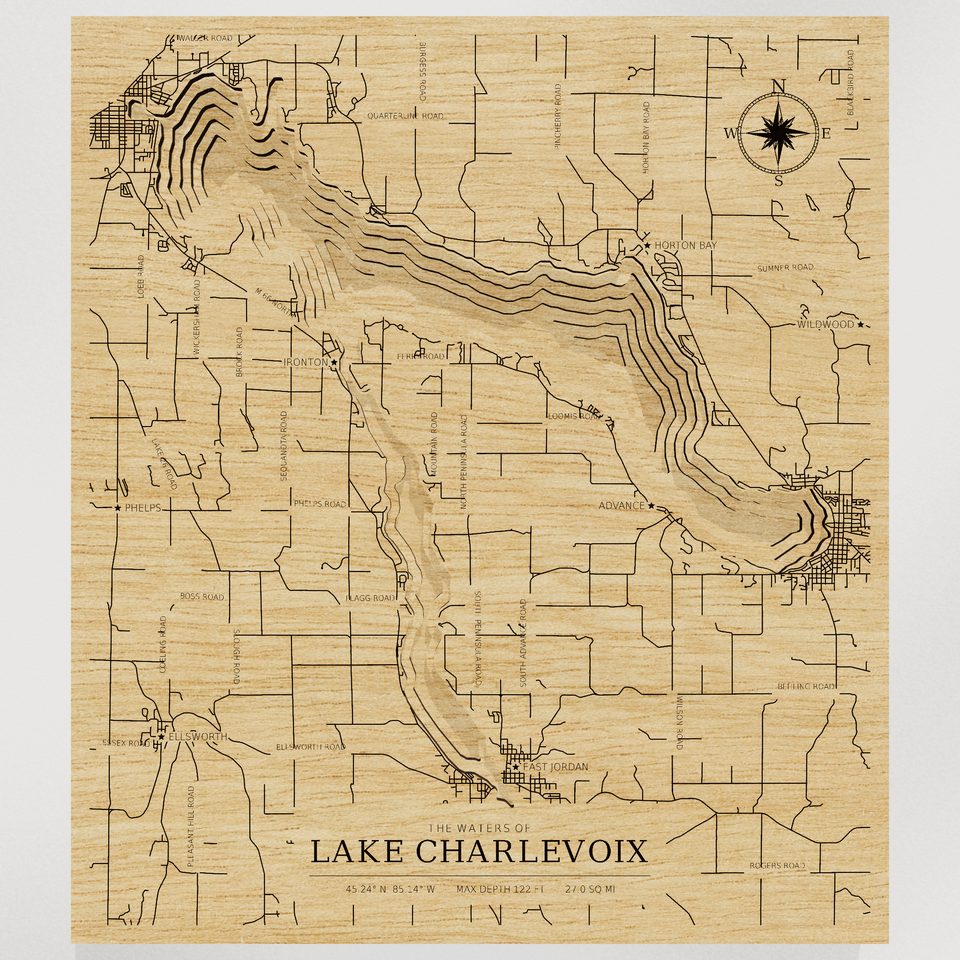 Lake Charlevoix 3D wood map, front view