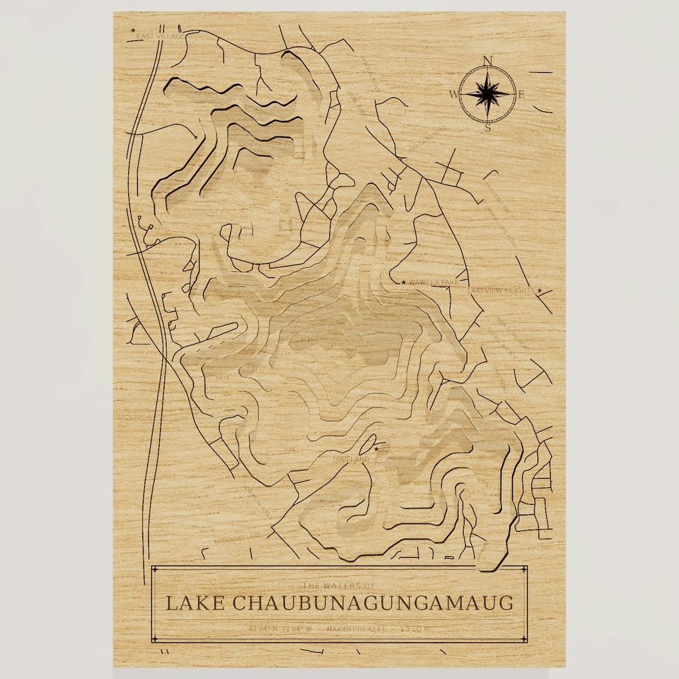 Lake Chaubunagungamaug 3D wood map, front view