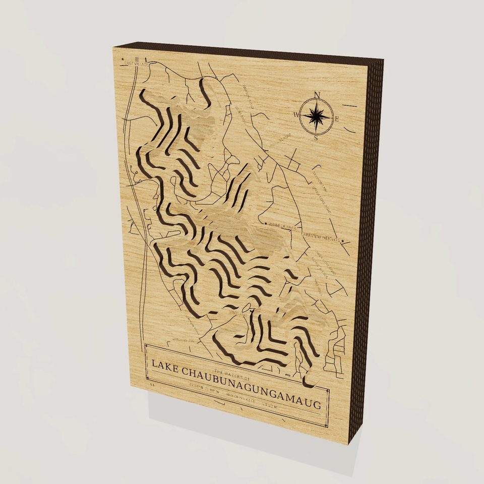 Lake Chaubunagungamaug 3D wood map, hero view