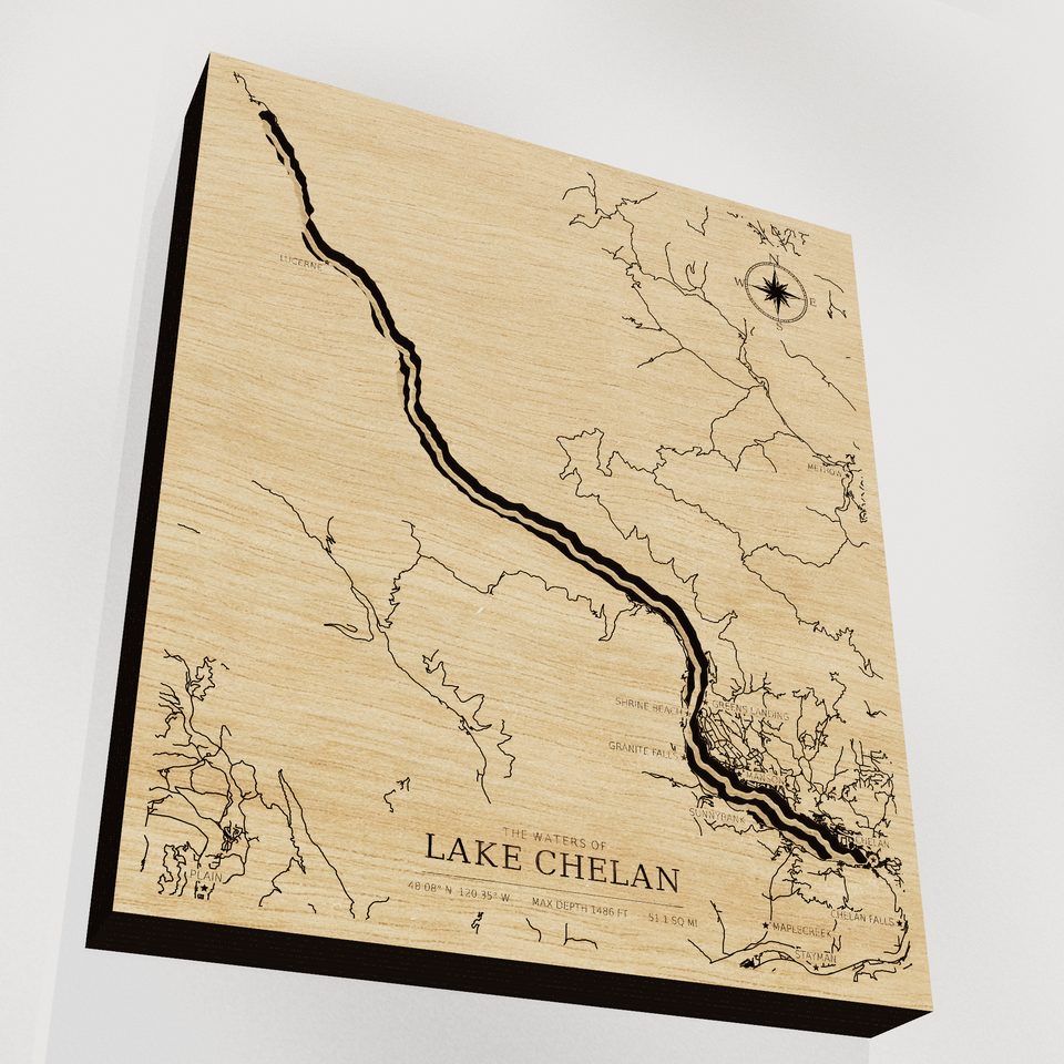 Lake Chelan 3D wood map, angle low view