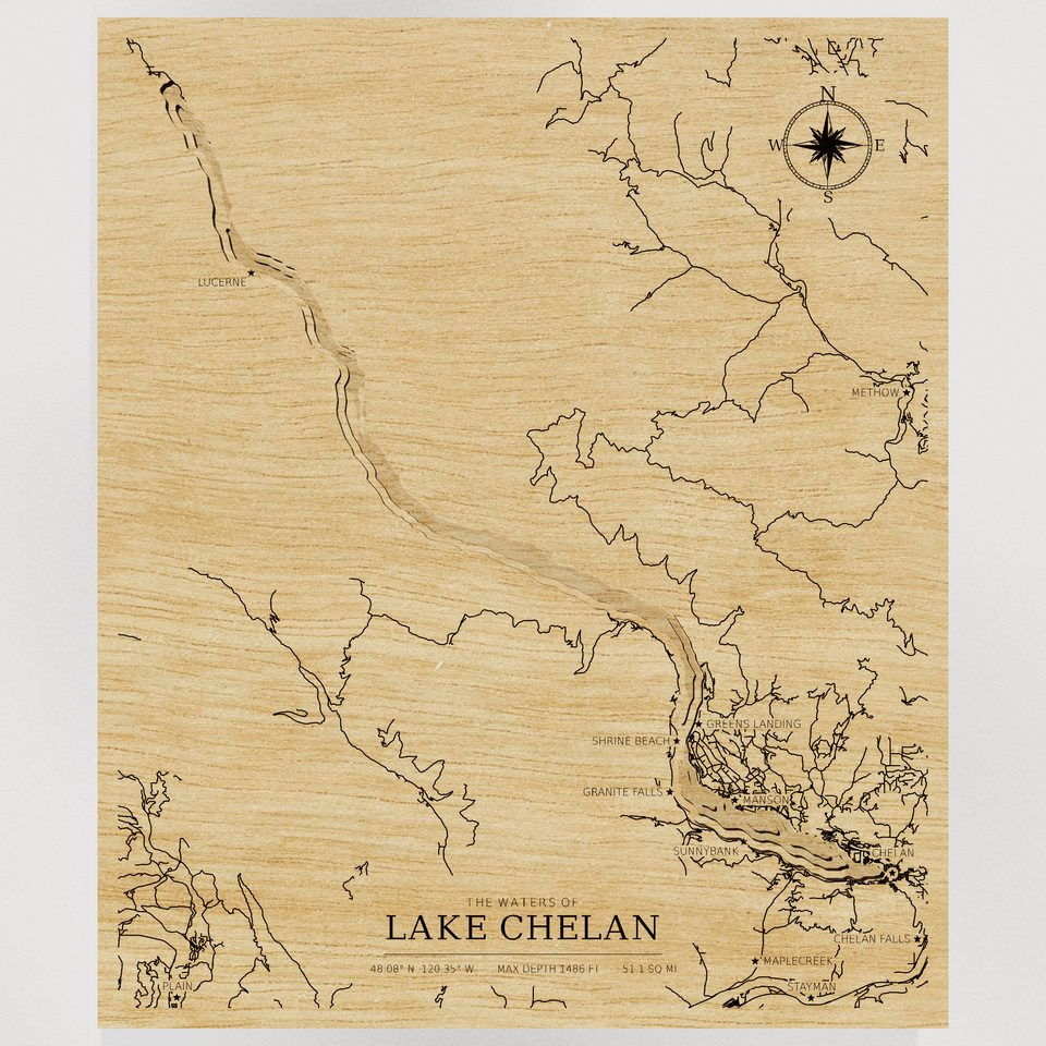 Lake Chelan 3D wood map, front view