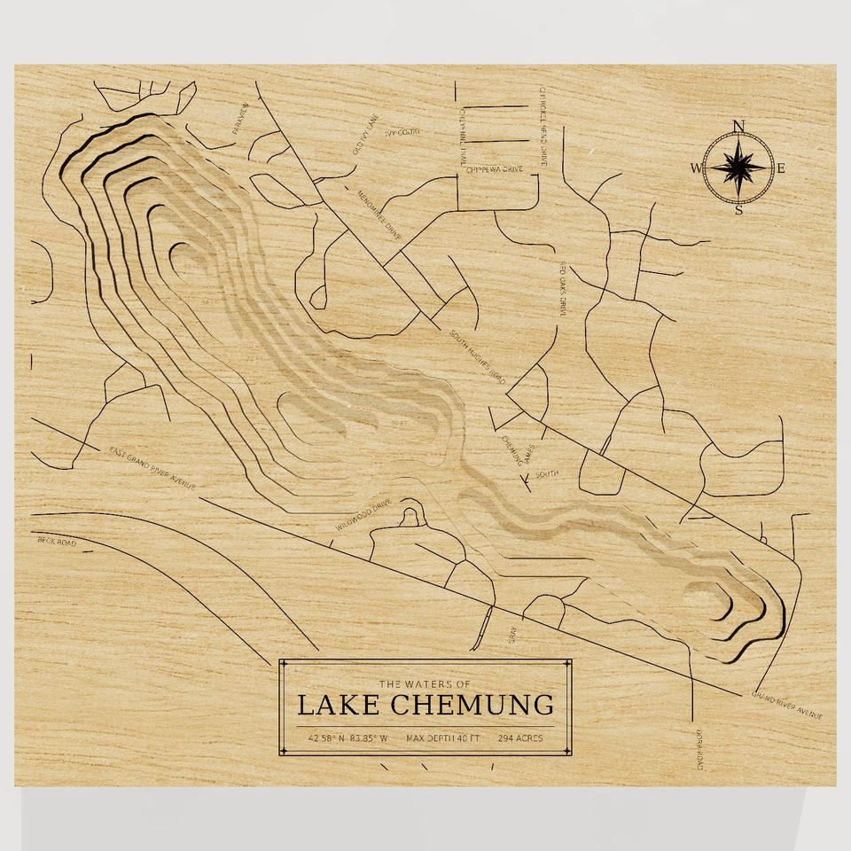 Lake Chemung 3D wood map, front view