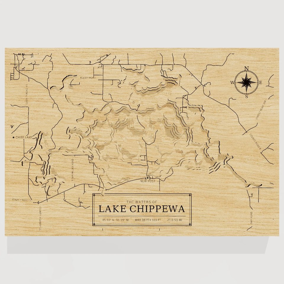 Lake Chippewa 3D wood map, front view