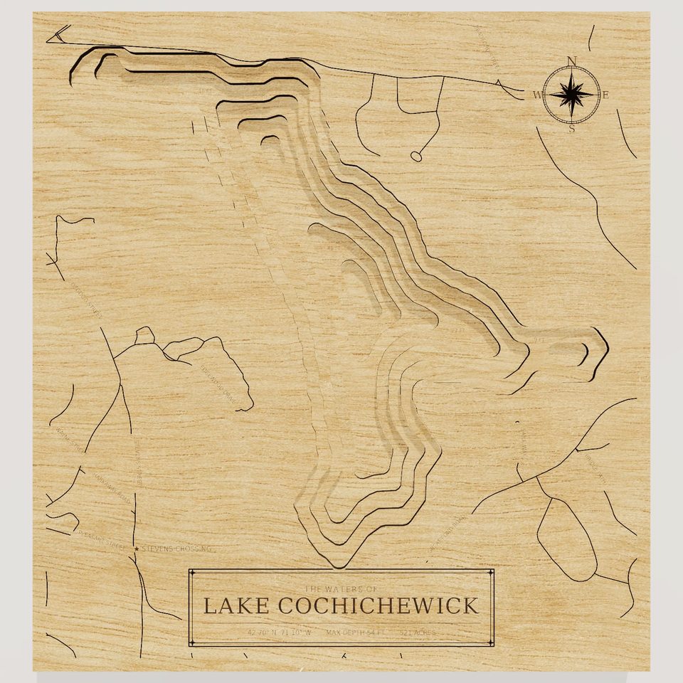 Lake Cochichewick 3D wood map, front view