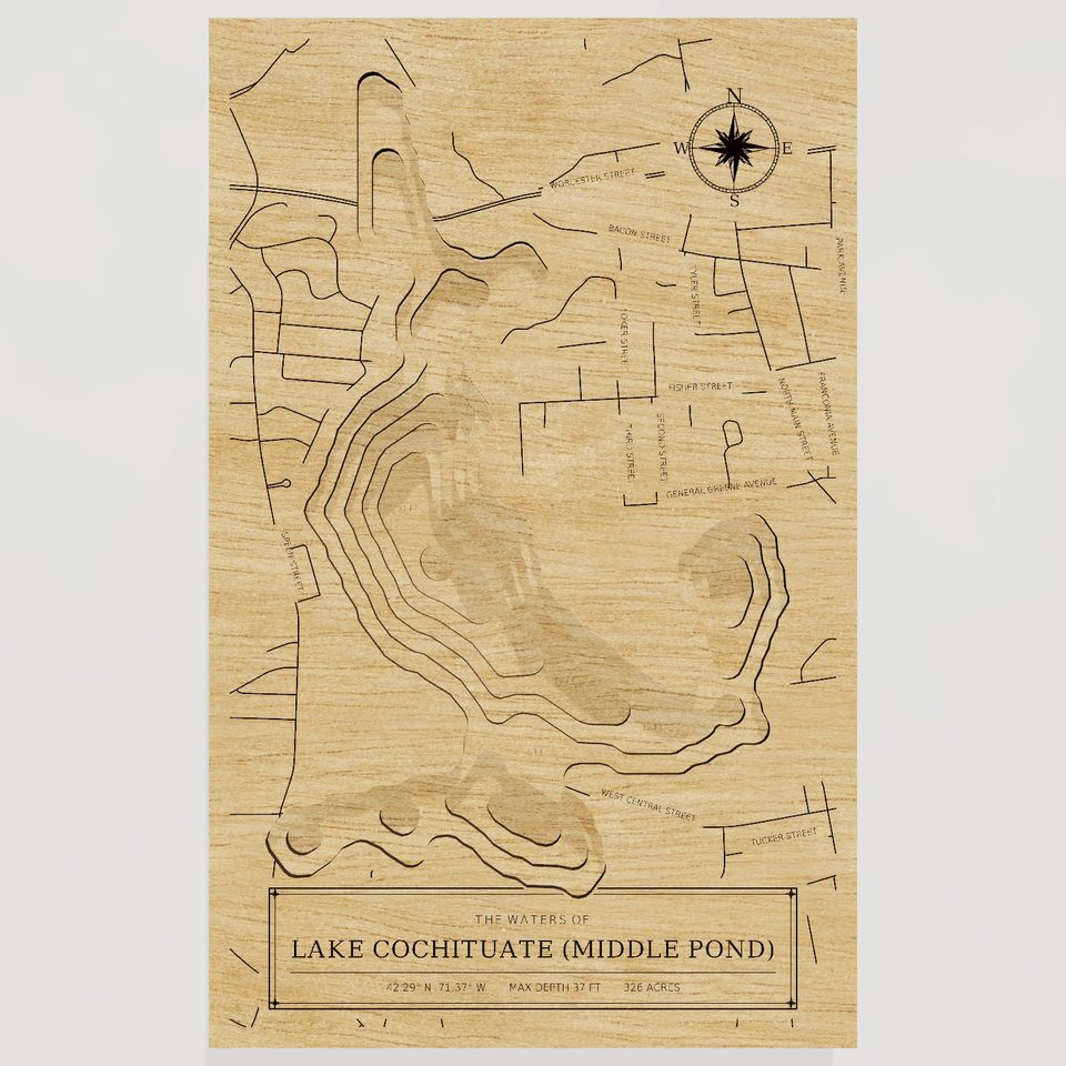 Lake Cochituate (Middle Pond) 3D wood map, front view