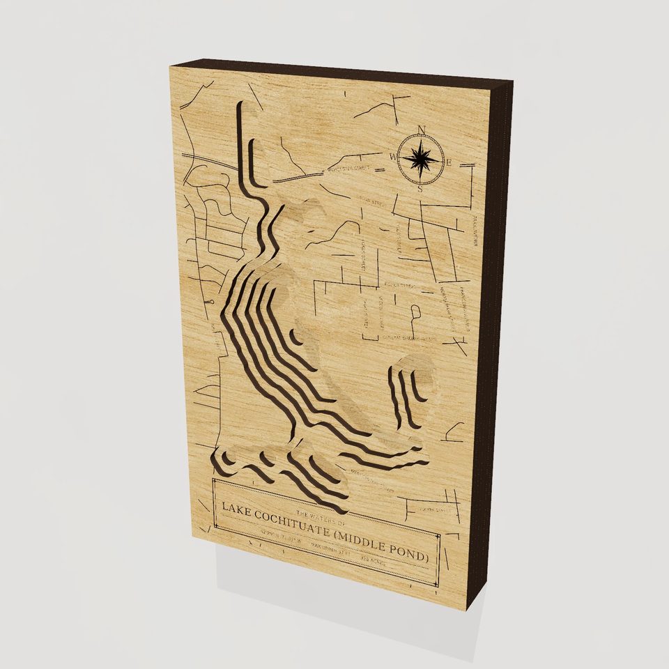 Lake Cochituate (Middle Pond) 3D wood map, hero view