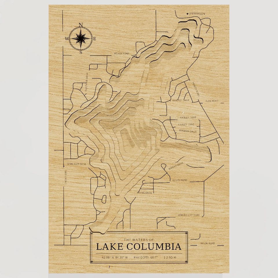 Lake Columbia 3D wood map, front view