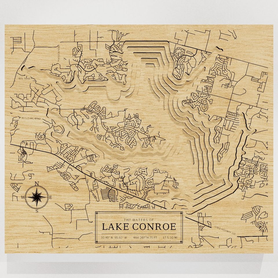 Lake Conroe 3D wood map, front view