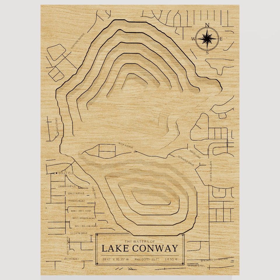 Lake Conway 3D wood map, front view