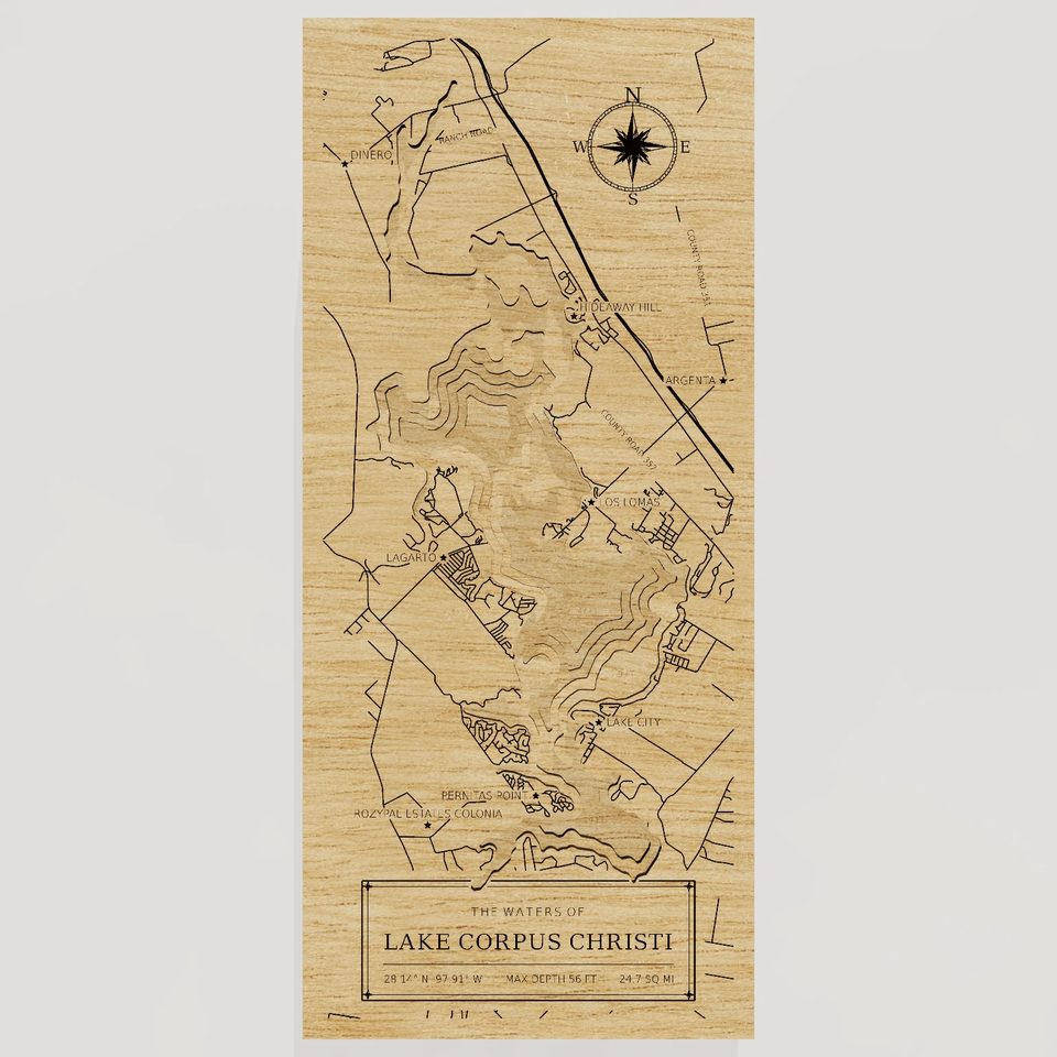 Lake Corpus Christi 3D wood map, front view