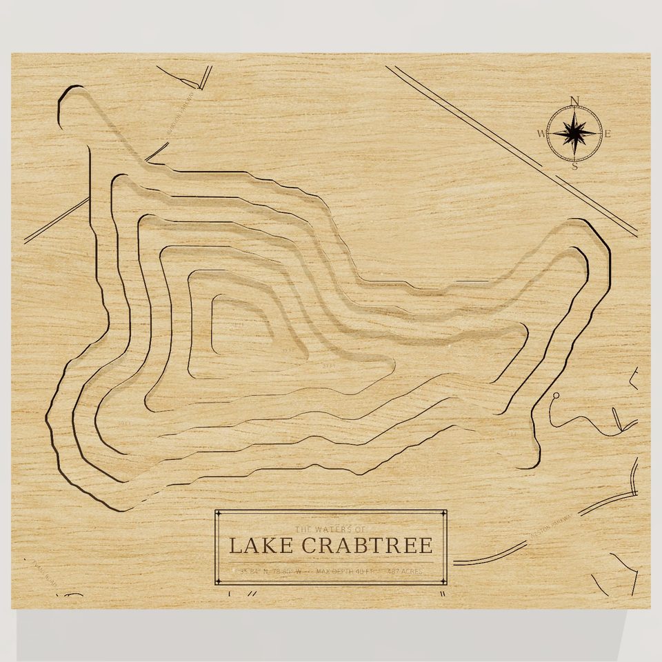 Lake Crabtree 3D wood map, front view