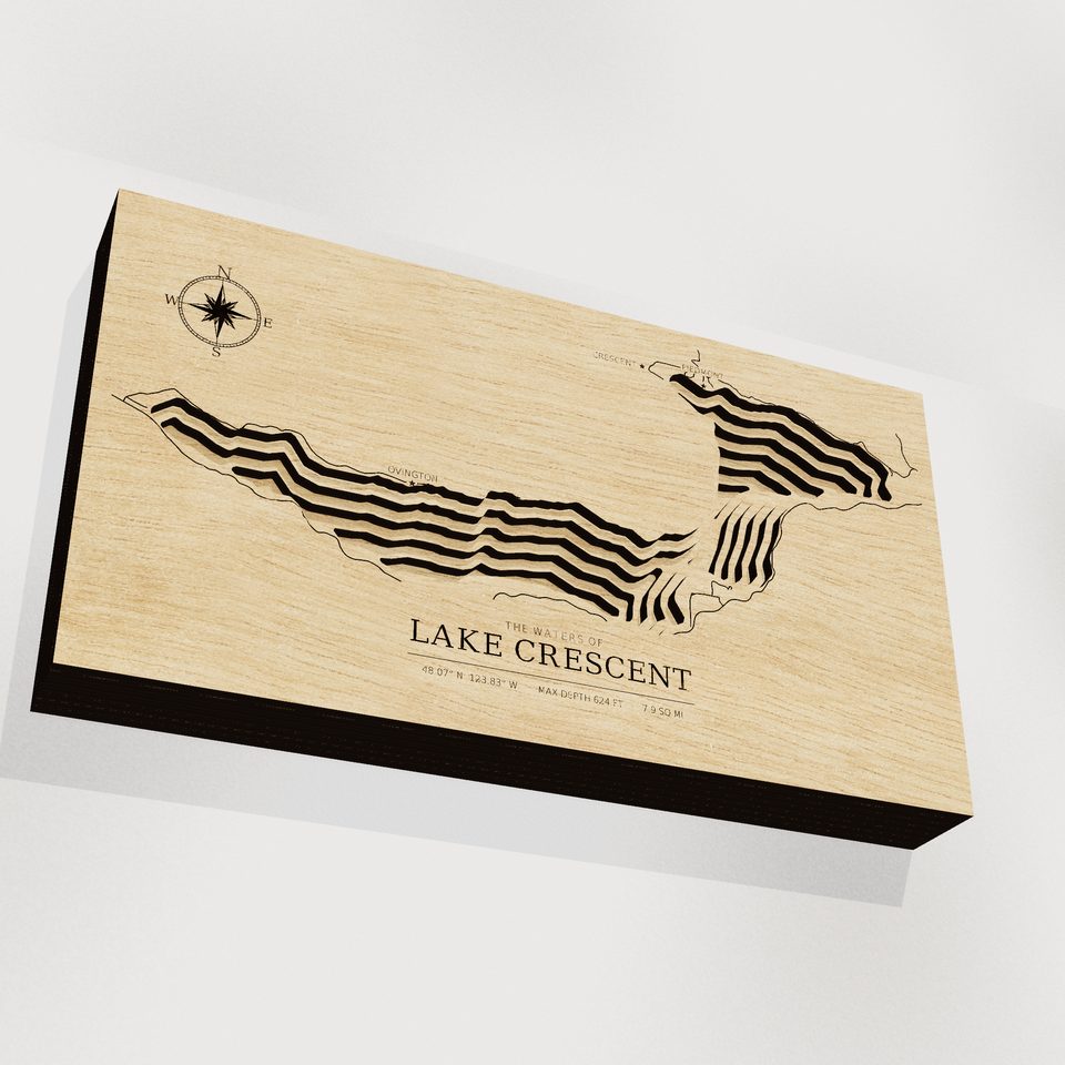 Lake Crescent 3D wood map, angle low view