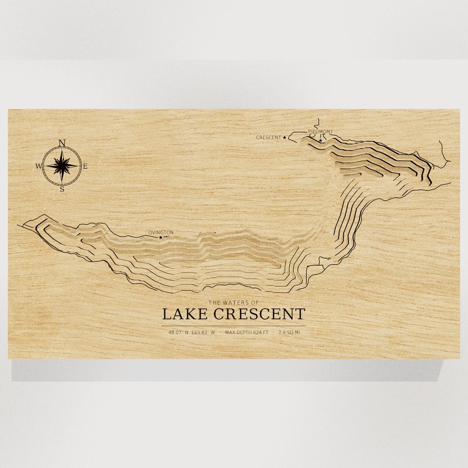 Lake Crescent 3D wood map, front view