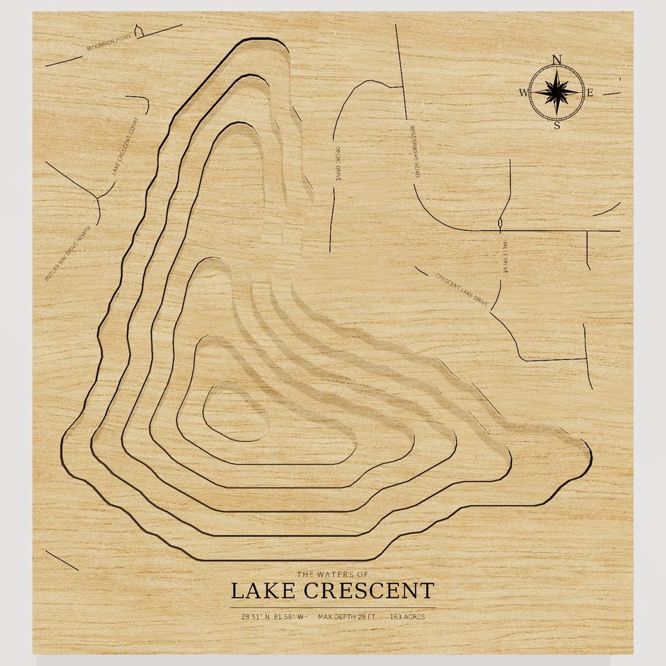 Lake Crescent 3D wood map, front view
