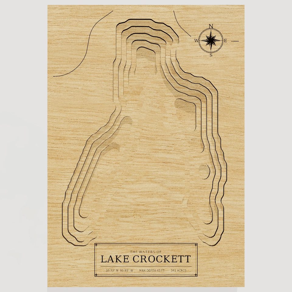 Lake Crockett 3D wood map, front view