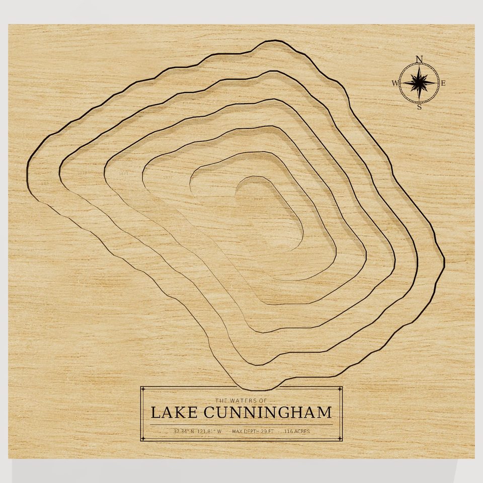 Lake Cunningham 3D wood map, front view