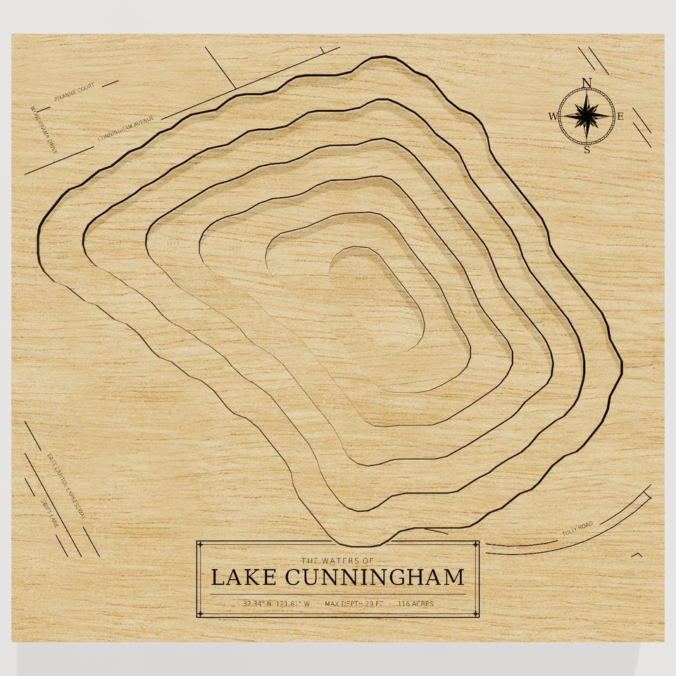 Lake Cunningham 3D wood map, front view