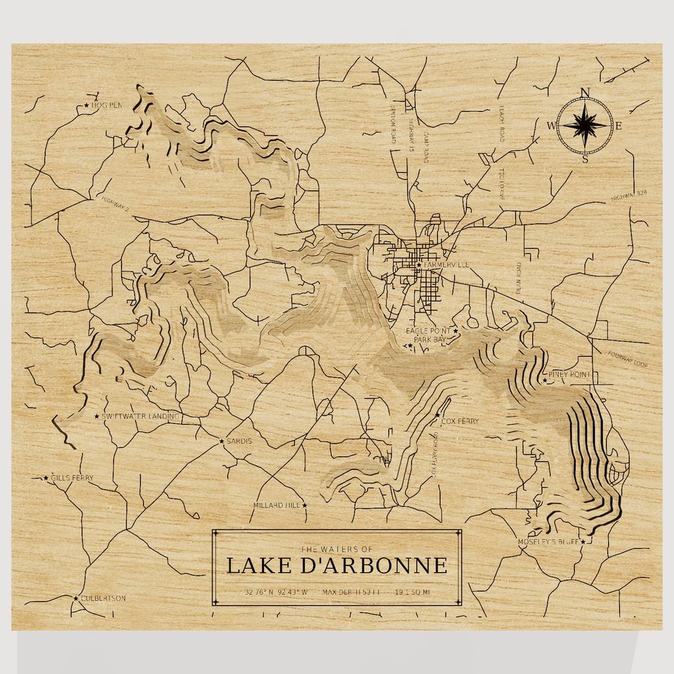 Lake D'Arbonne 3D wood map, front view
