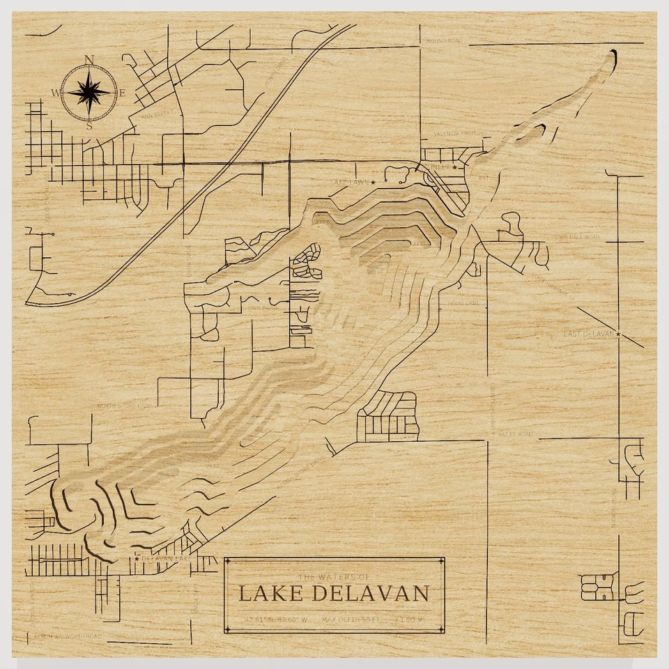 Lake Delavan 3D wood map, front view