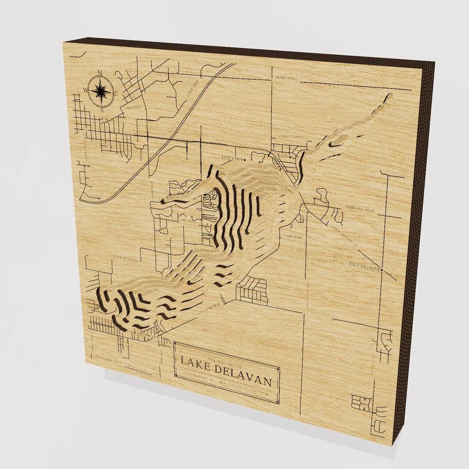 Lake Delavan 3D wood map, hero view