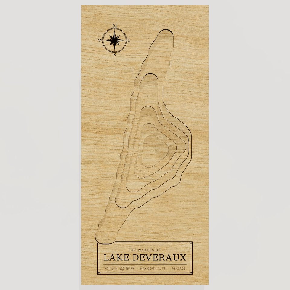 Lake Deveraux 3D wood map, front view