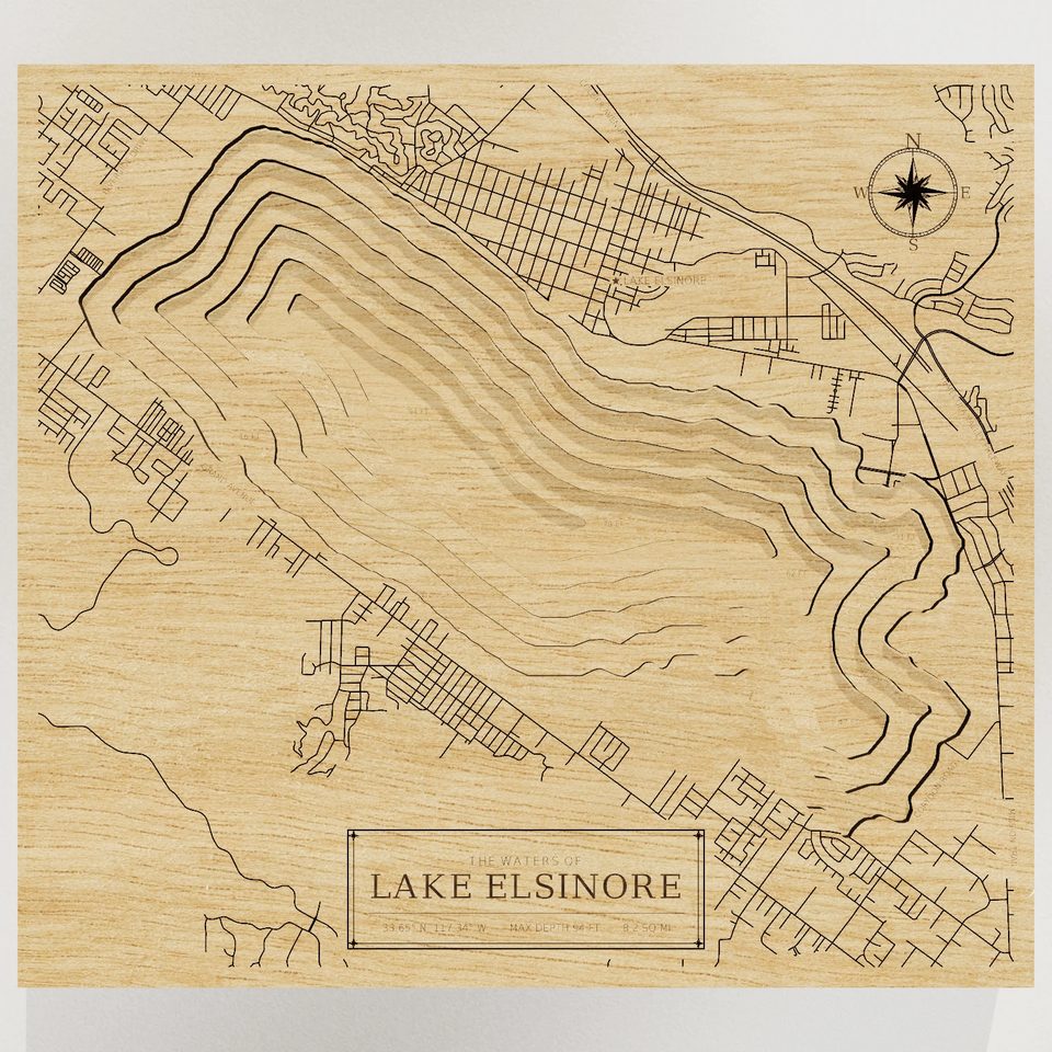Lake Elsinore 3D wood map, front view