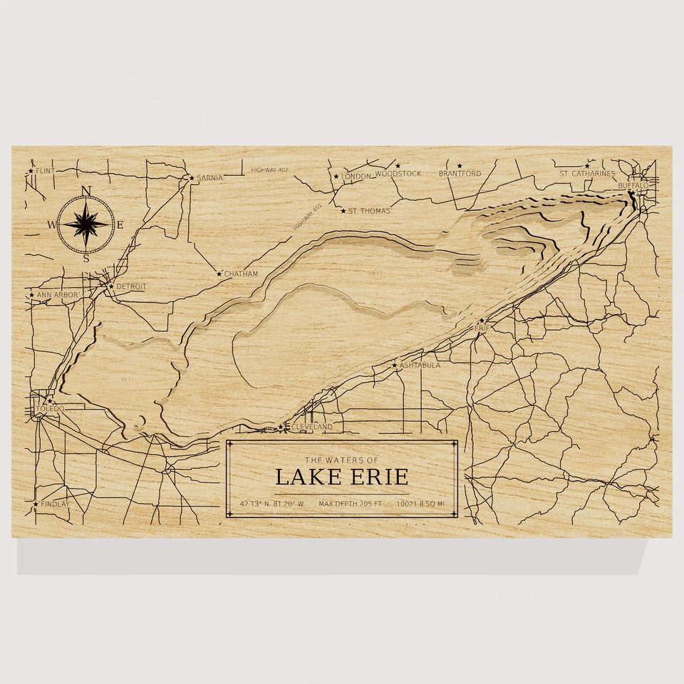 Lake Erie 3D wood map, front view