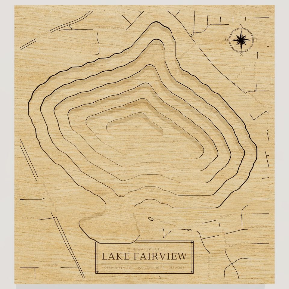 Lake Fairview 3D wood map, front view