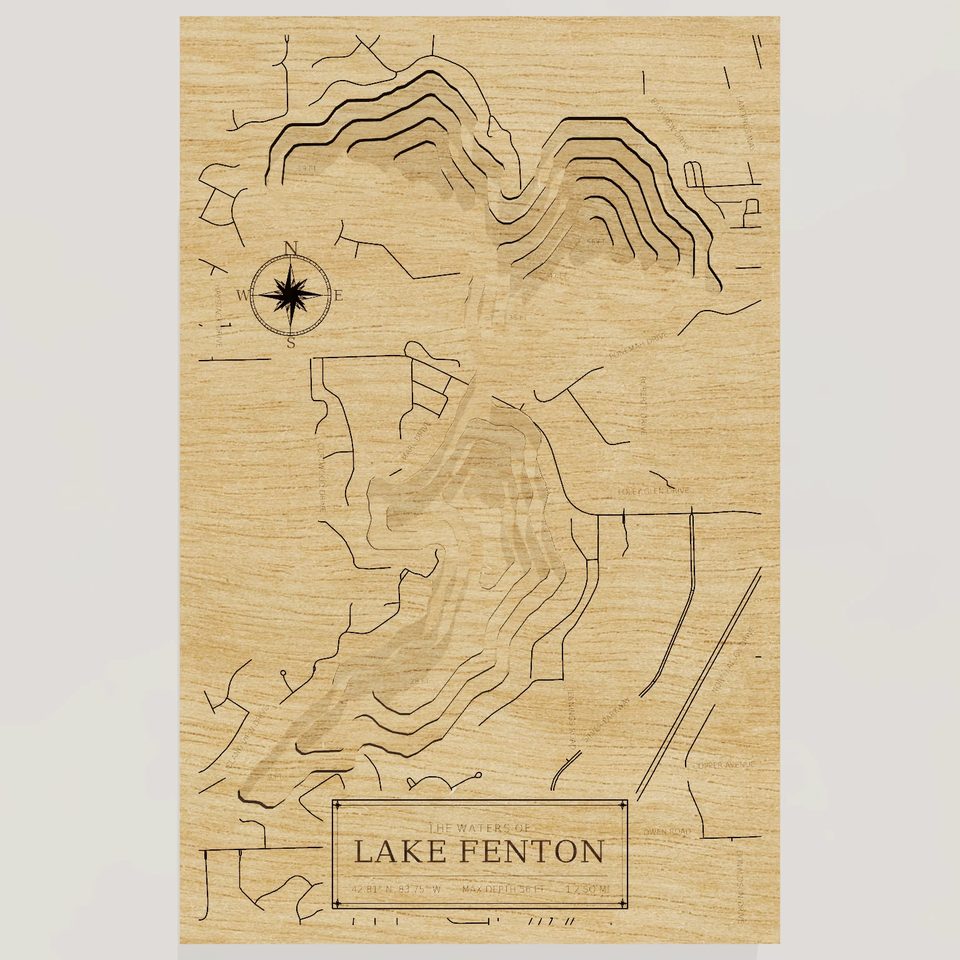Lake Fenton 3D wood map, front view
