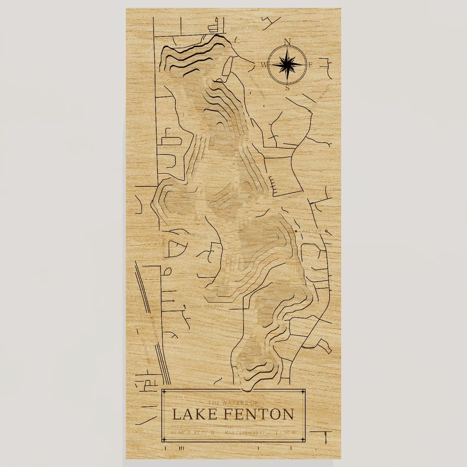 Lake Fenton 3D wood map, front view