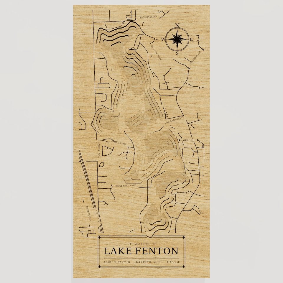 Lake Fenton 3D wood map, front view