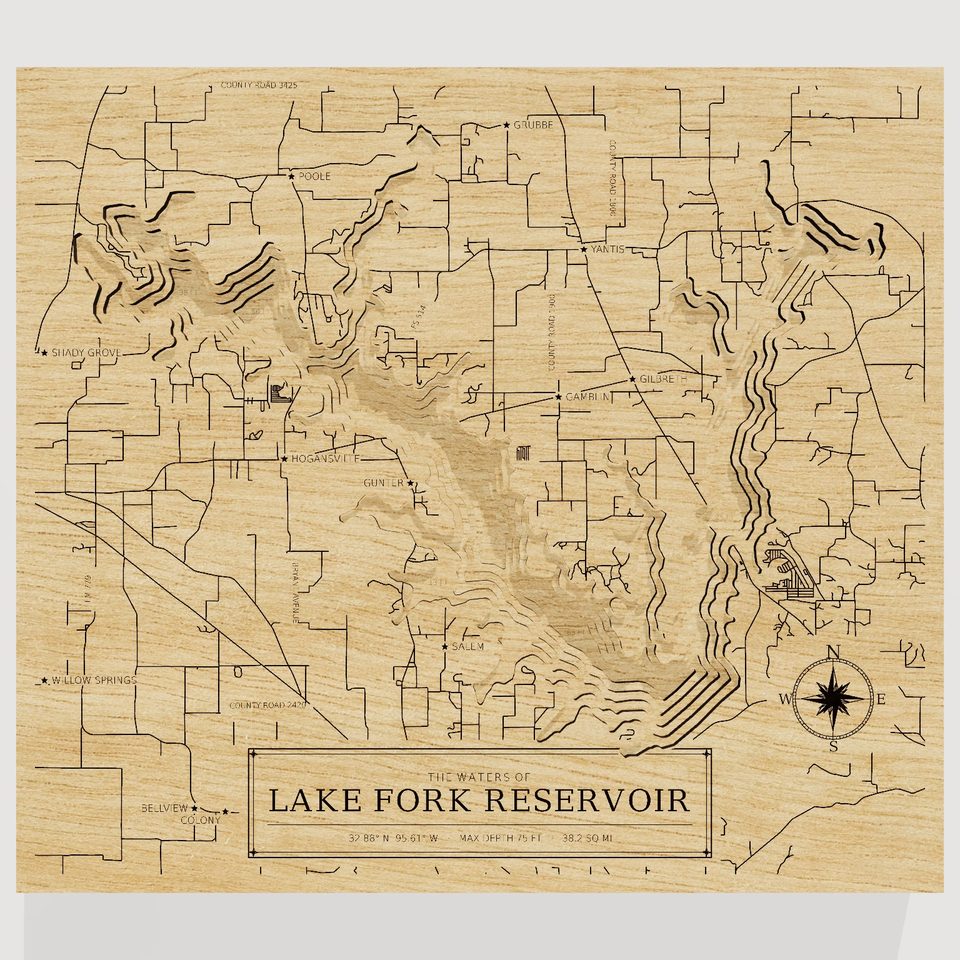 Lake Fork Reservoir 3D wood map, front view