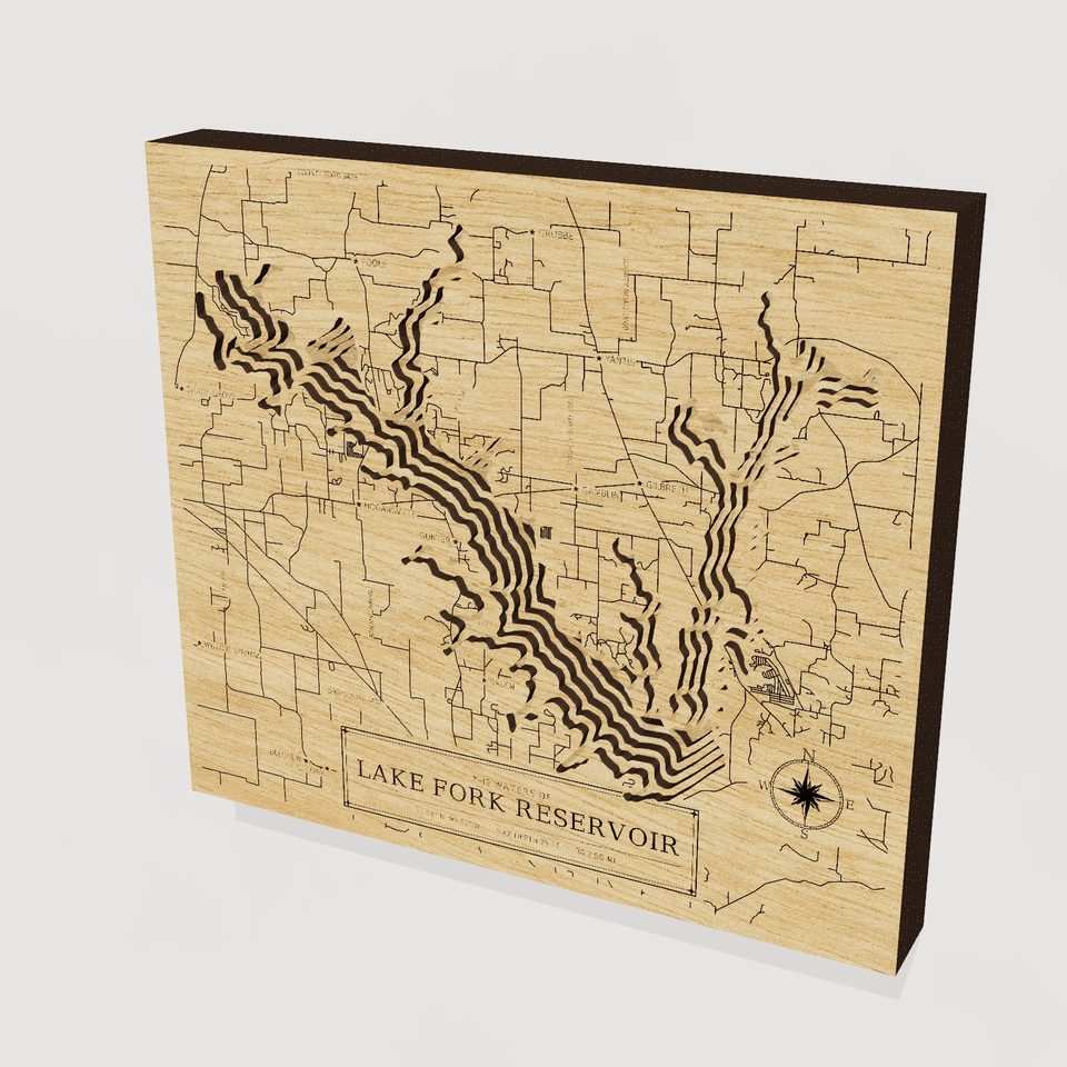 Lake Fork Reservoir 3D wood map, hero view