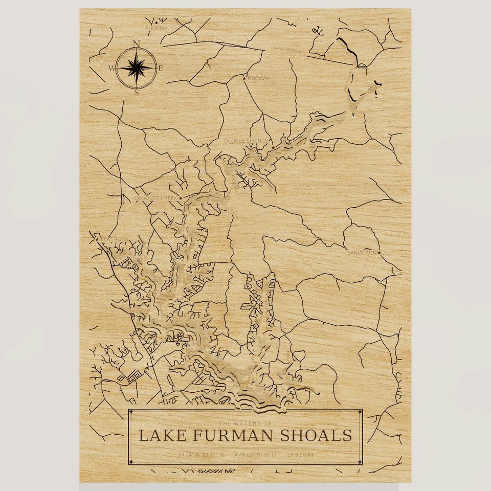 Lake Furman Shoals 3D wood map, front view