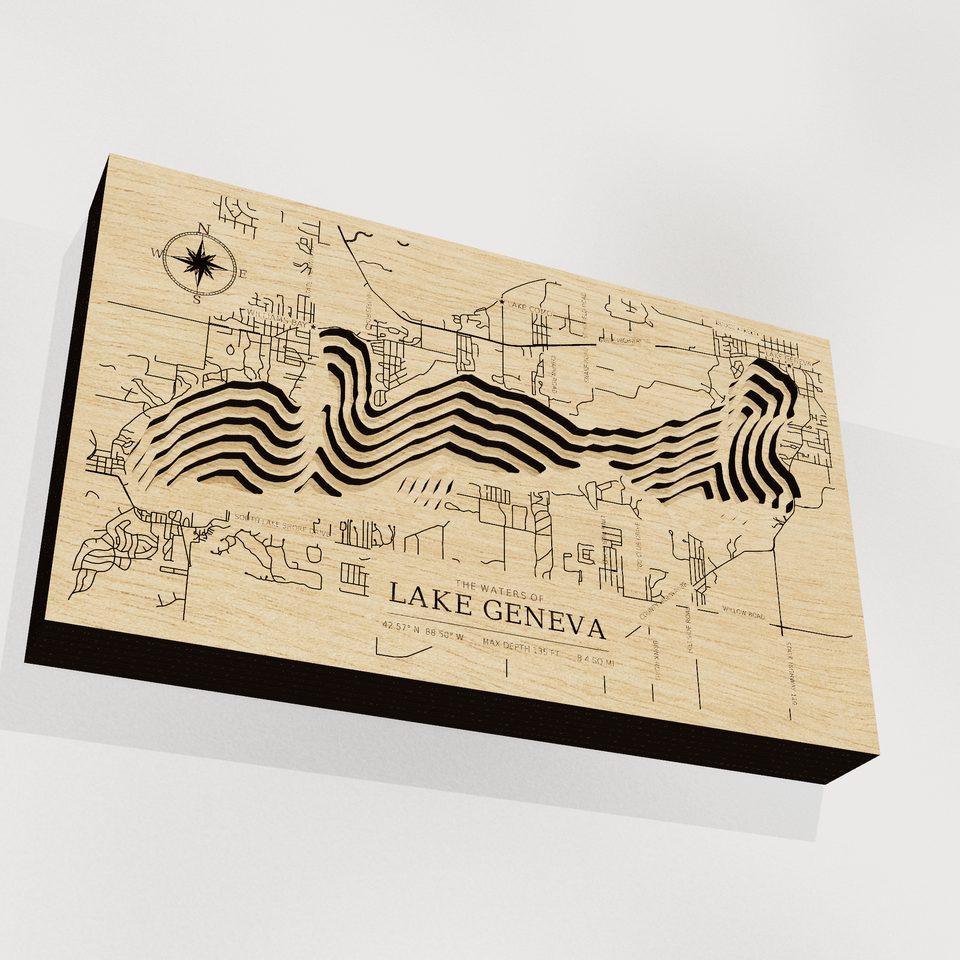 Lake Geneva 3D wood map, angle low view