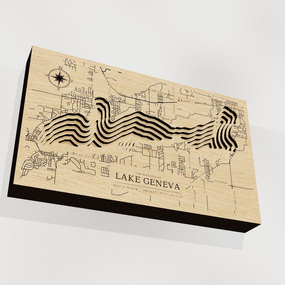 Lake Geneva 3D wood map, angle low view