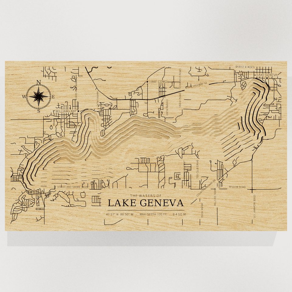 Lake Geneva 3D wood map, front view