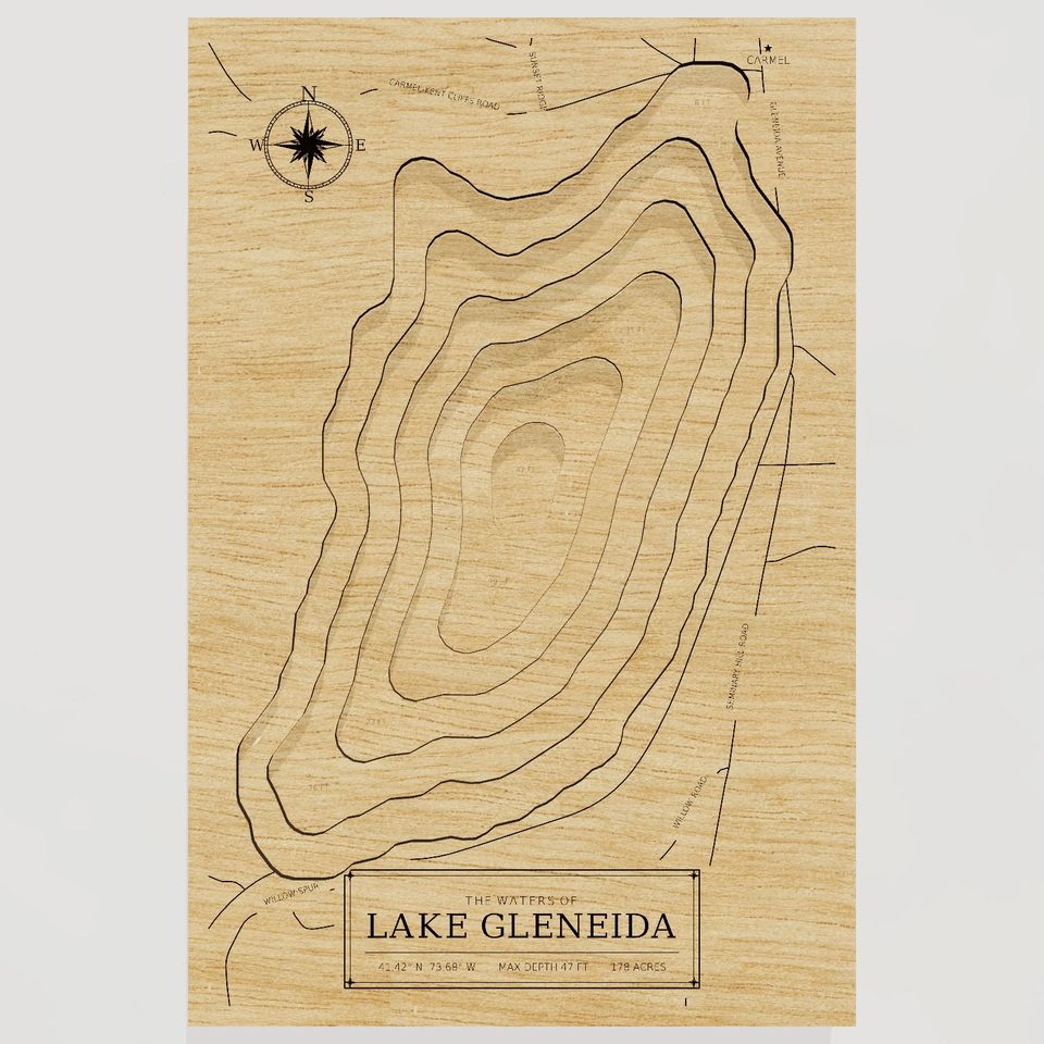 Lake Gleneida 3D wood map, front view