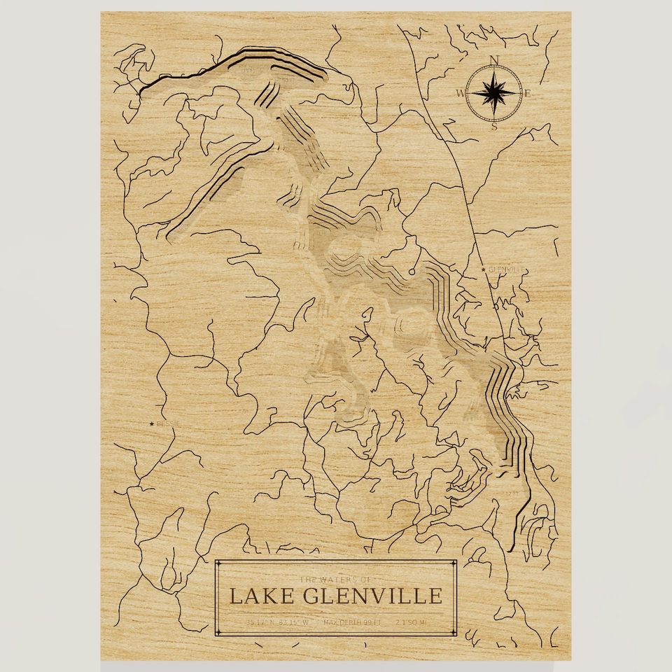 Lake Glenville 3D wood map, front view